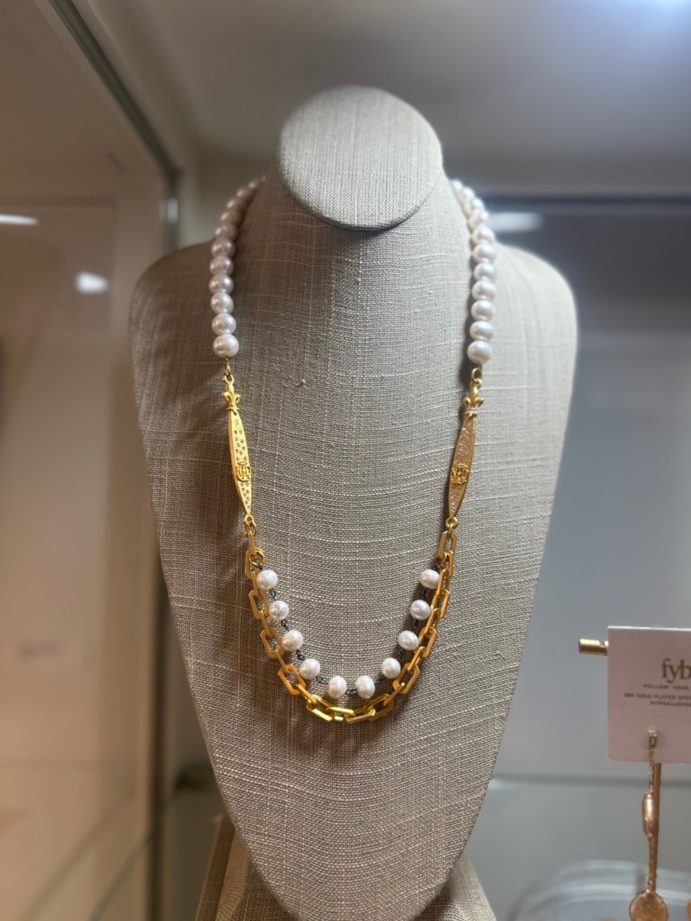 24K gold clad Chain and FreshwaterWhite Pearl Layered Necklace by French Kande